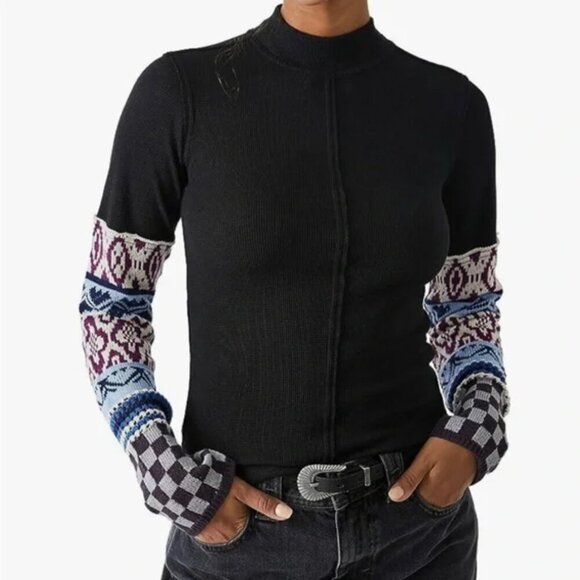 We The Free Mikah Layering Cuff Shirt Black Knit Sleeves - Picture 1 of 12